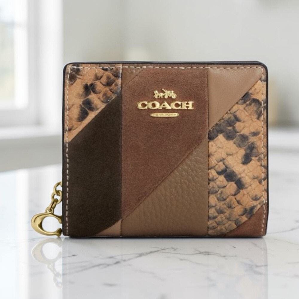 Coach Snap Wallet Patchwork Snake Print Leather CCR27 Mushroom Brown Gold NWT